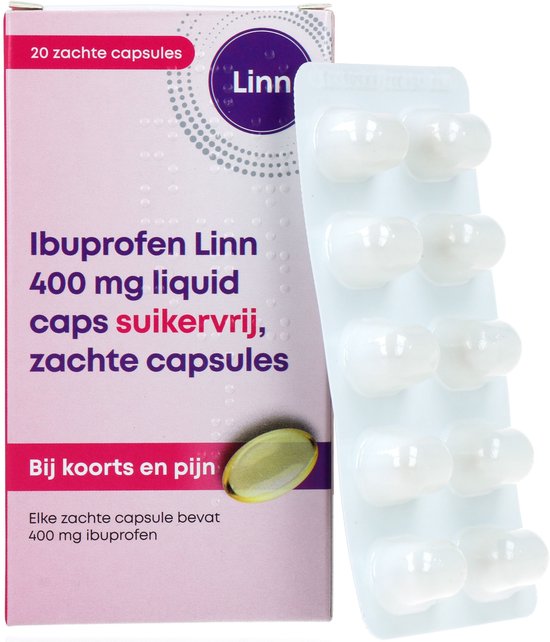 Doosje Linn Ibuprofen 400 mg met strip van 10 zachte capsules.
