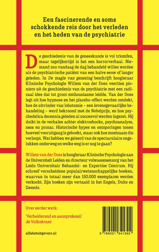 Boekomslag met tekst over psychiatrie, titel "DE MAGIE VAN GENEZING" en een barcode.