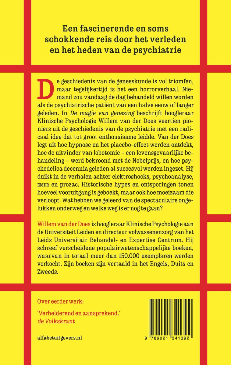 Boekomslag met tekst over psychiatrie, titel "DE MAGIE VAN GENEZING" en een barcode.