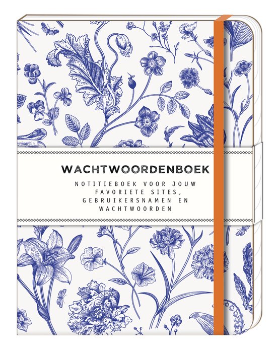 Wachtwoordenboek met blauwe bloemenprint op een witte achtergrond en een oranje elastiek.