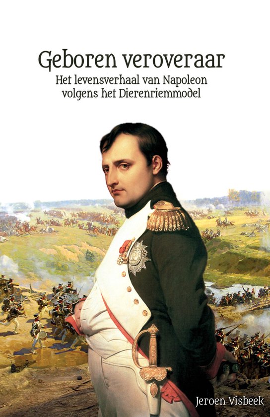 Portret van Napoleon in uniform, met een veldslag op de achtergrond.