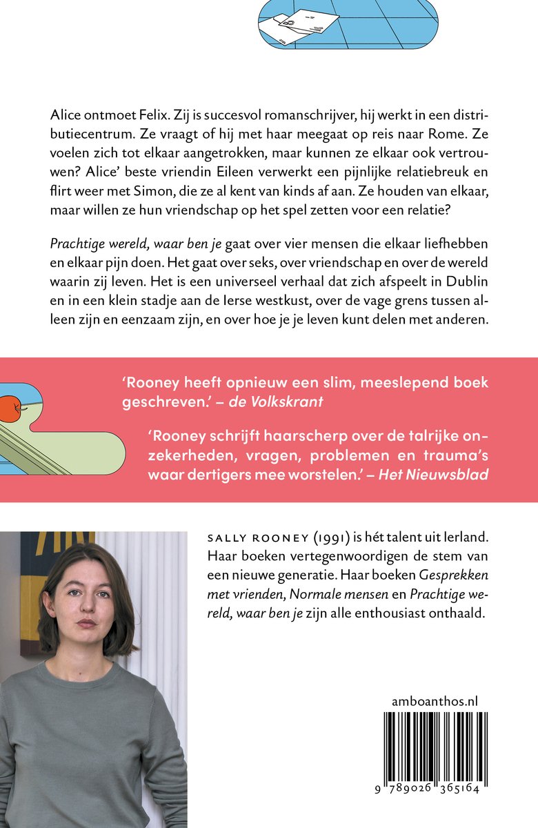 Achterkant boek Prachtige wereld, waar ben je met foto van Sally Rooney. Bevat tekst en ISBN.