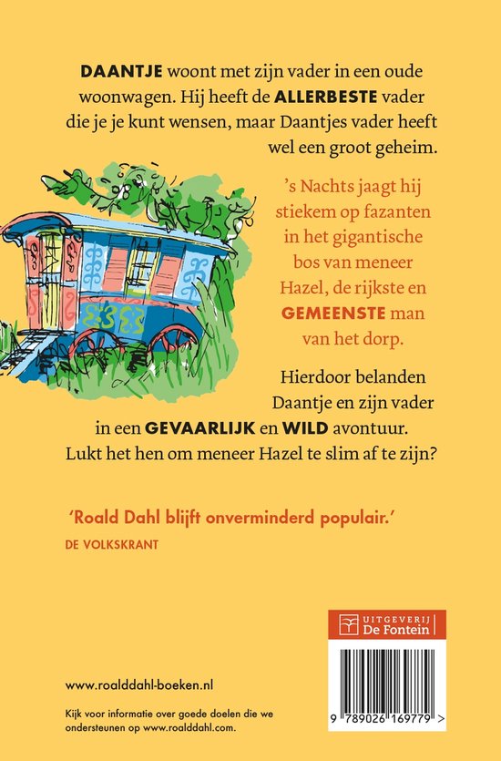Achterkant van Daantje, de Wereldkampioen boek met een woonwagen en tekst. De woonwagen is groen, roze en geel met blauwe decoraties. Een springende groene draakachtige figuur zit erop. Tekst in het Nederlands.