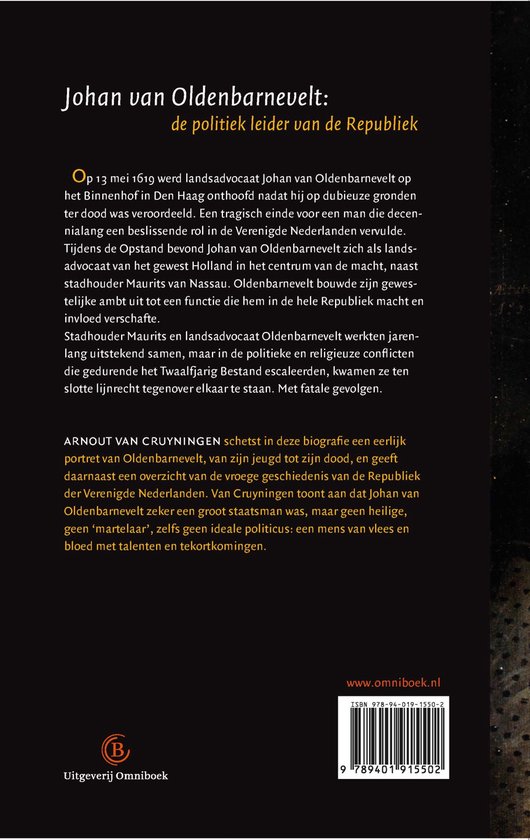 Boek met de titel 'Johan van Oldenbarnevelt: de politiek leider van de Republiek' en een portret van de man.