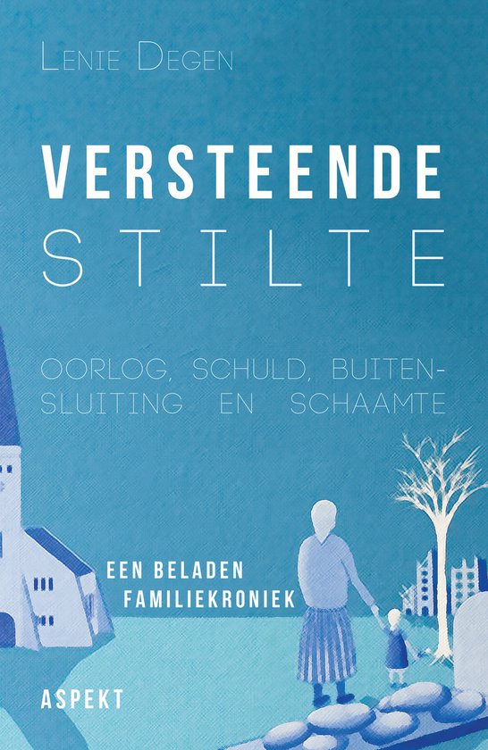 Boek met een blauwe, getextureerde achtergrond. Links een blauwe kerk en rechts een kale boom en een figuur van een moeder met kind.
