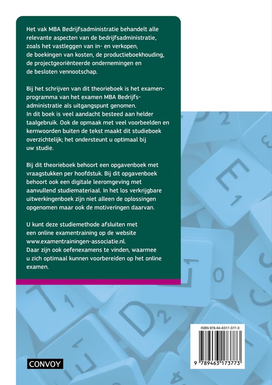 Boek met informatie over MBA Bedrijfsadministratie, ISBN, en website adres.