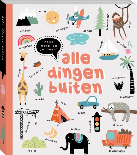 Boekomslag met giraf, cactus, tipi, olifant, auto, luiaard en vrachtwagen.