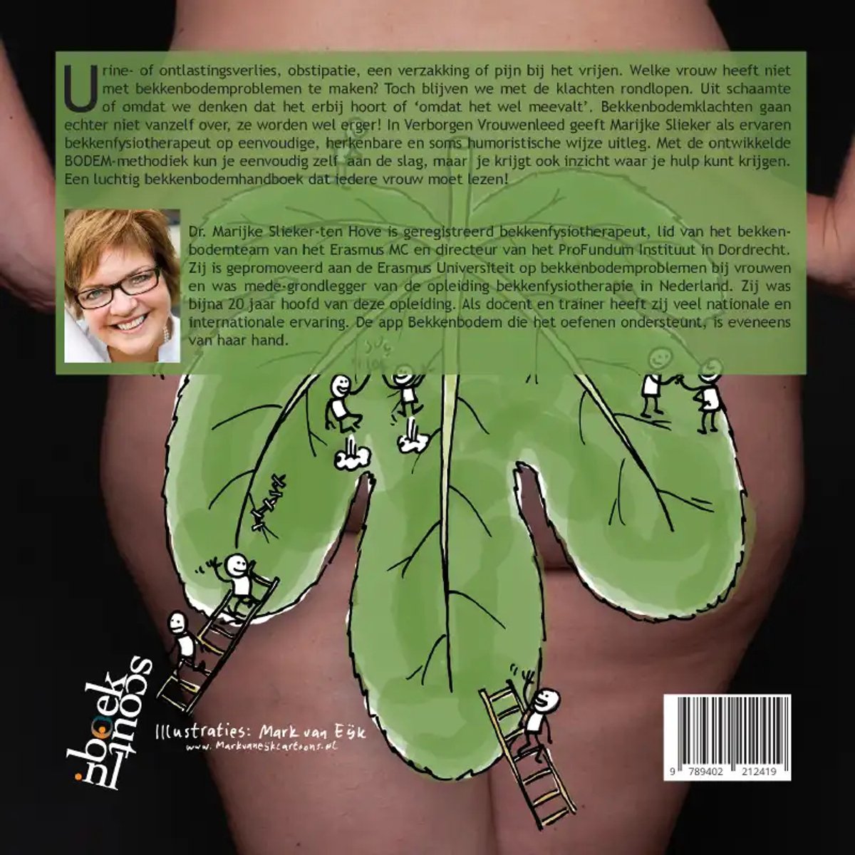De achterkant van het boek 'Verborgen Vrouwenleed', met een foto van Dr. Marijke Stiiker-ten Hove, een illustratie van een blad met stickfiguren en tekst.