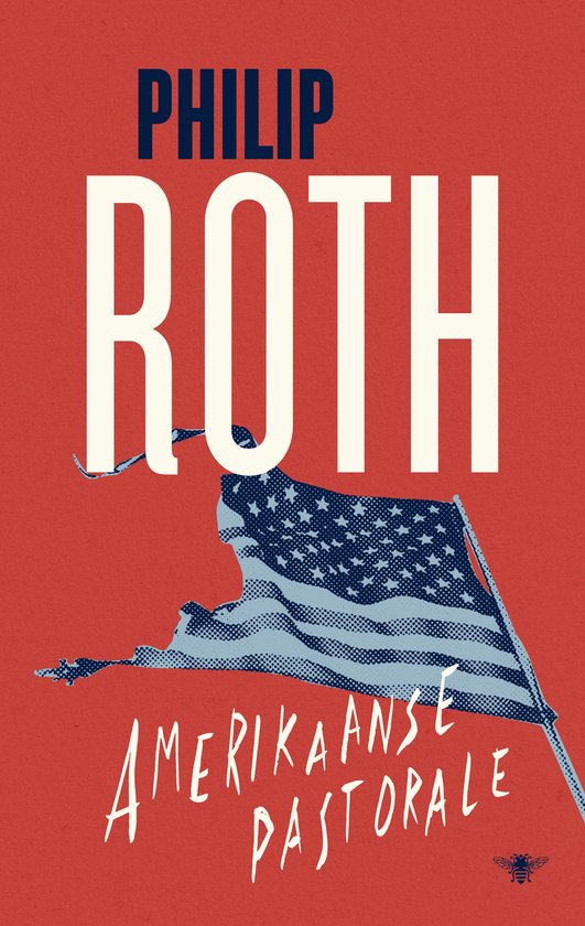 De voorkant van het boek 'Amerikaanse pastorale' met de tekst 'PHILIP ROTH' en een scheurende Amerikaanse vlag.