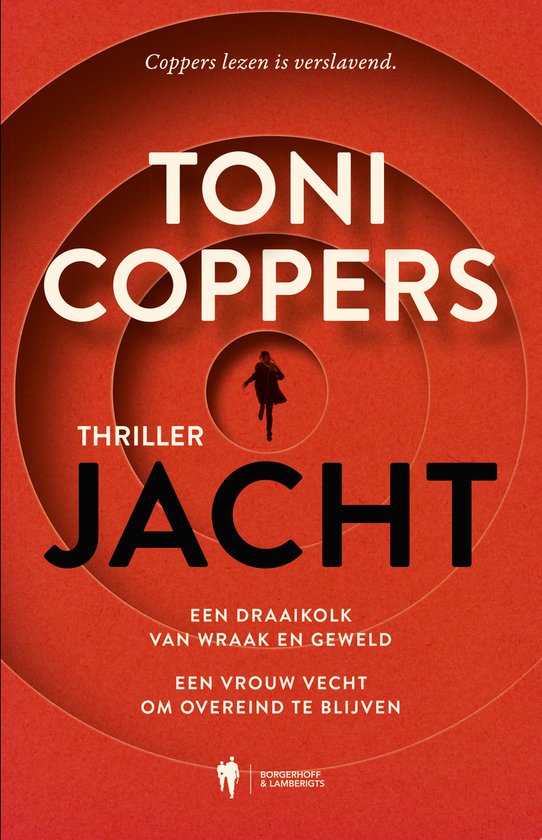Boekcover met rode cirkels en de titel 'Jacht' van Toni Coppers.