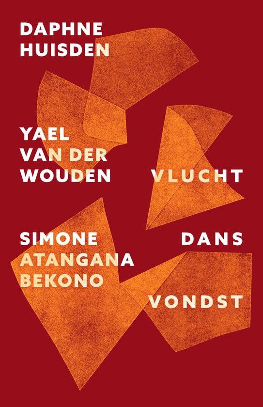 Boekcover met de titel 'Vlucht Dans Vondst' in witte letters op een rode achtergrond met oranje geometrische vormen.