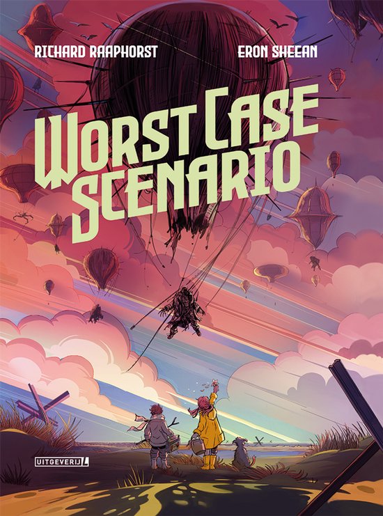 De cover van 'Worst Case Scenario' toont een duistere, luchthartige scène met hete-luchtballonnen, luchtschepen en een bungelend personage. Twee kinderen en een hond kijken omhoog naar de lucht.