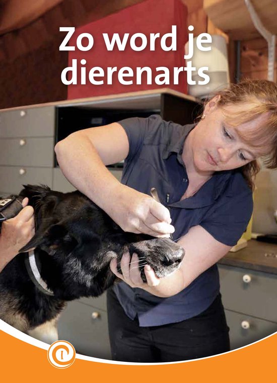 Een dierenarts onderzoekt de bek van een Duitse herder. Tekst "Zo word je dierenarts".