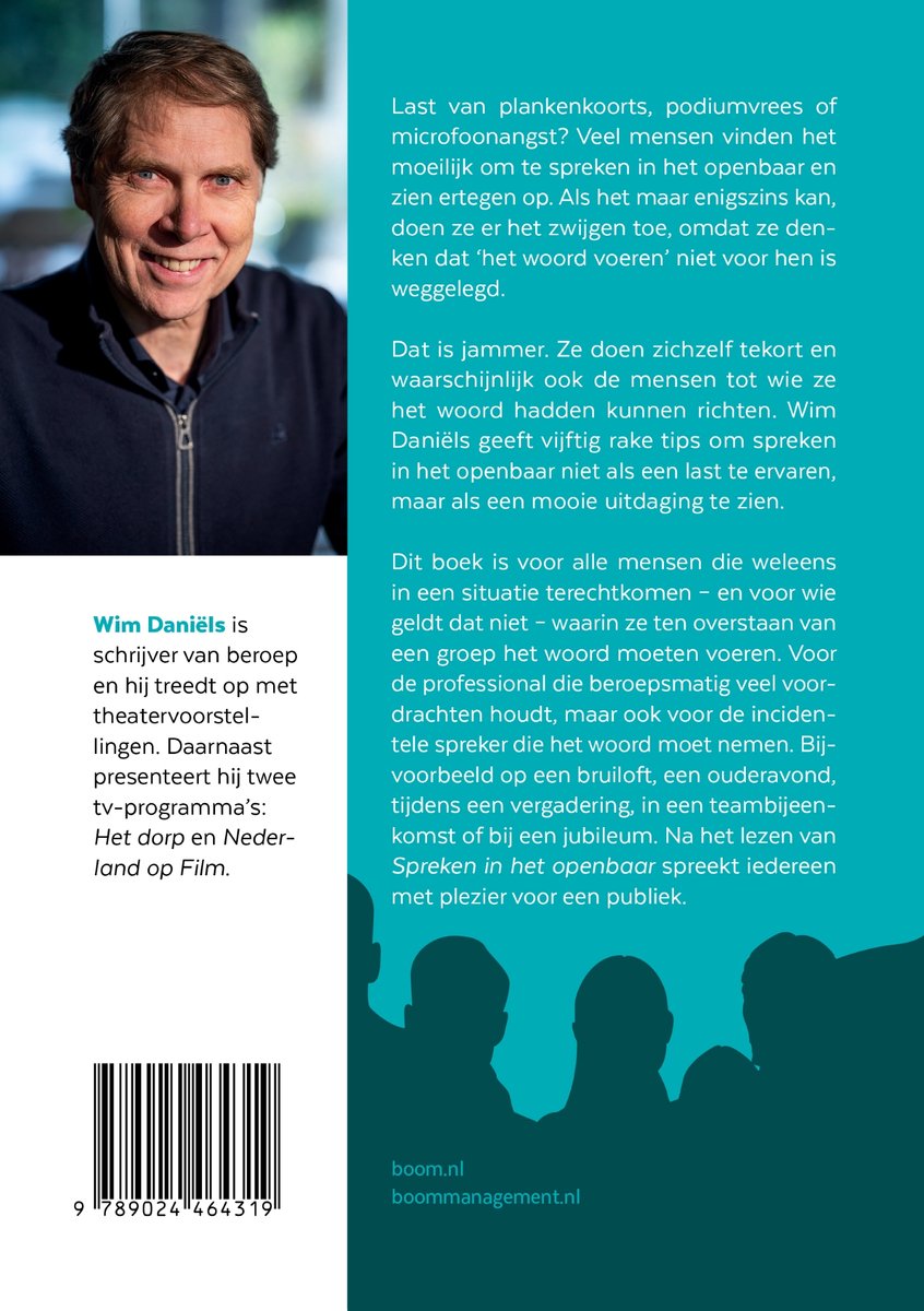 Portret van Wim Daniëls, schrijver, met tekst 'Spreken in het openbaar' en boekinformatie.
