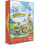 Achterkant van het Gigantosaurus bordspel, met het speelbord en dinosaurussen.