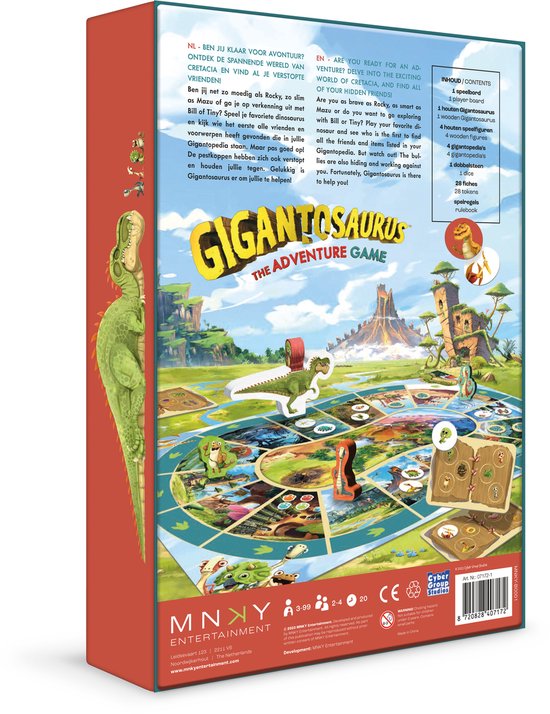 Achterkant van het Gigantosaurus bordspel, met het speelbord en dinosaurussen.