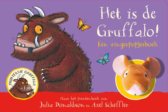 De Gruffalo met een gele muis en vlinders. De tekst "Het is de Gruffalo!" staat in paarse letters.