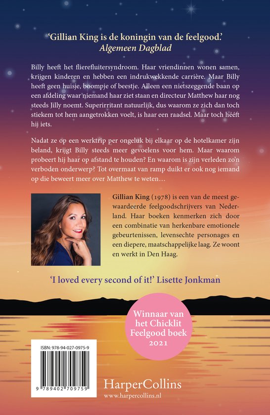 Boekomslag met portret van Gillian King en tekst. Een roze cirkel met 'Winnaar van het Chicklit Feelgood boek 2021'.