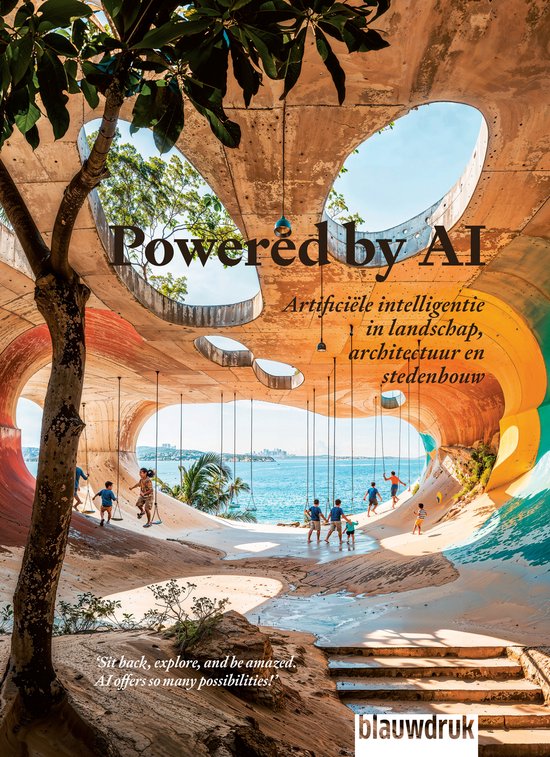 Menselijke figuren op een futuristische, golvende betonnen structuur met uitzicht op de oceaan. Tekst: 'Powered by AI'.