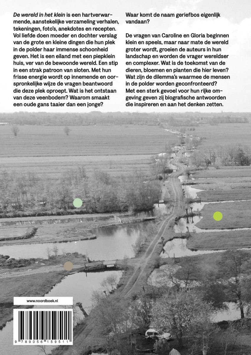 Boekomslag met tekst en weids, zwart-wit polderlandschap met waterwegen en bomen.