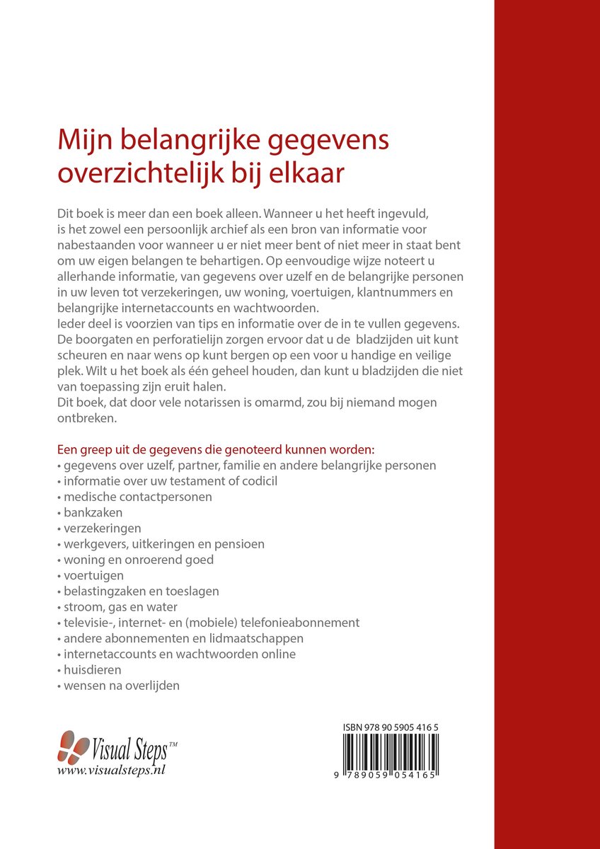 Boek "Mijn belangrijke gegevens overzichtelijk bij elkaar". De achterkant beschrijft de inhoud en de voordelen, met een ISBN.