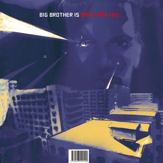 Boekcover 1984: Big Brother kijkt mee met helikopters en gebouwen.