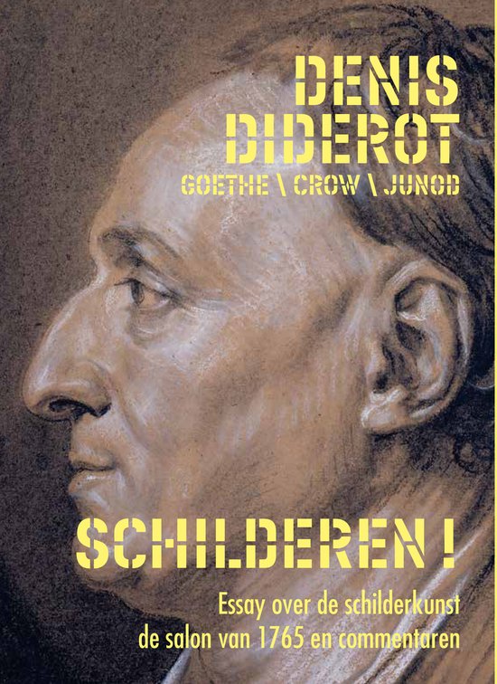 Croquis de profil d'un homme avec barbiche. En haut 'DENIS DIDEROT GOETHE \ CROW \ JUNOD'. En bas 'PEINTURE ! Essai sur la peinture le salon de 1765 et commentaires'.