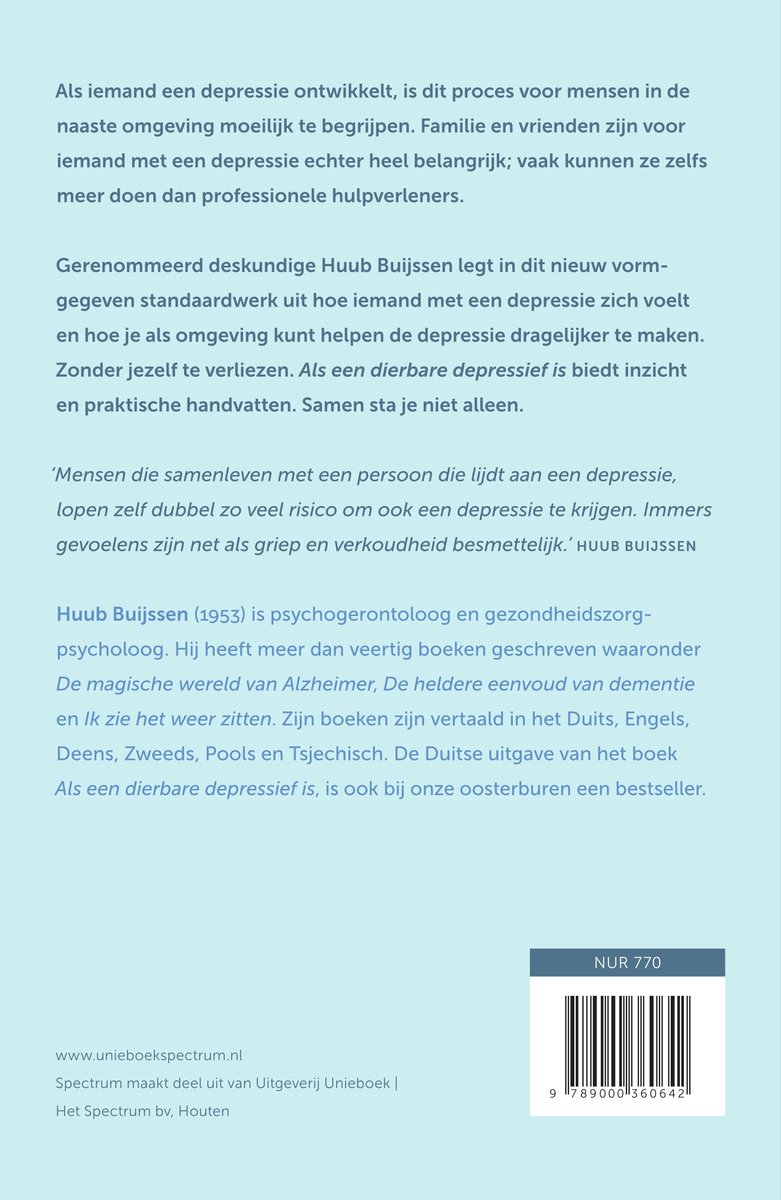 Boek met de titel 'Als een dierbare depressief is' en een afbeelding van een paraplu die een hand beschermt tegen de regen.