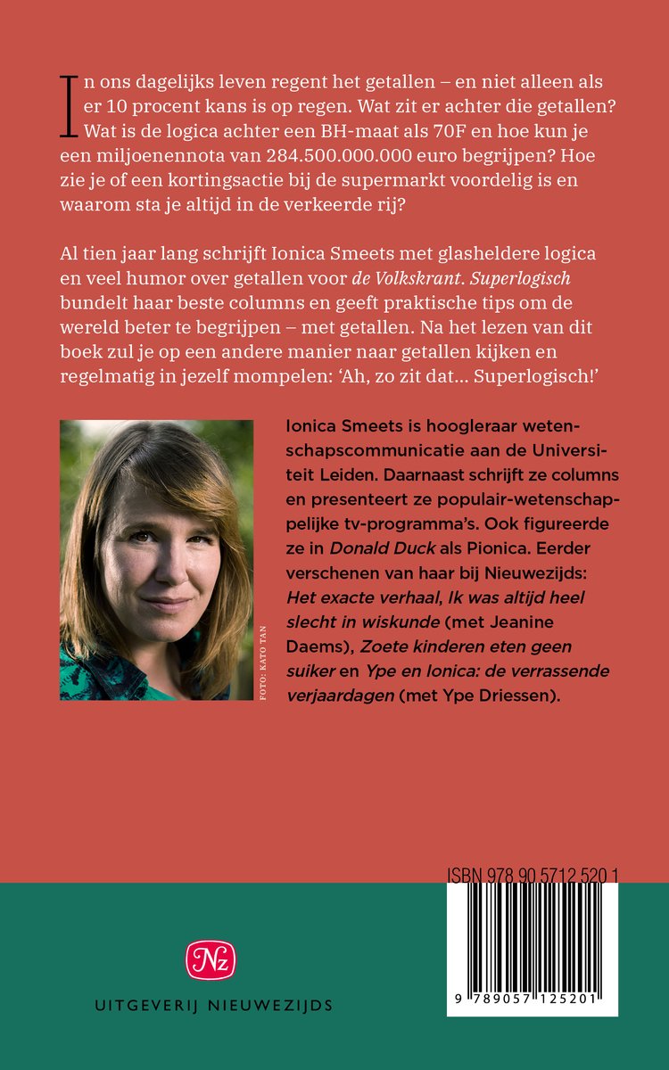 Portretfoto van Ionica Smeets met een lichte glimlach, staand voor een achtergrond met tekst over haar boek Superlogisch.