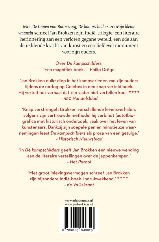 Achterkant van het boek 'De kampschilders' met recensies en informatie over de auteur en de 'Indië-trilogie'.