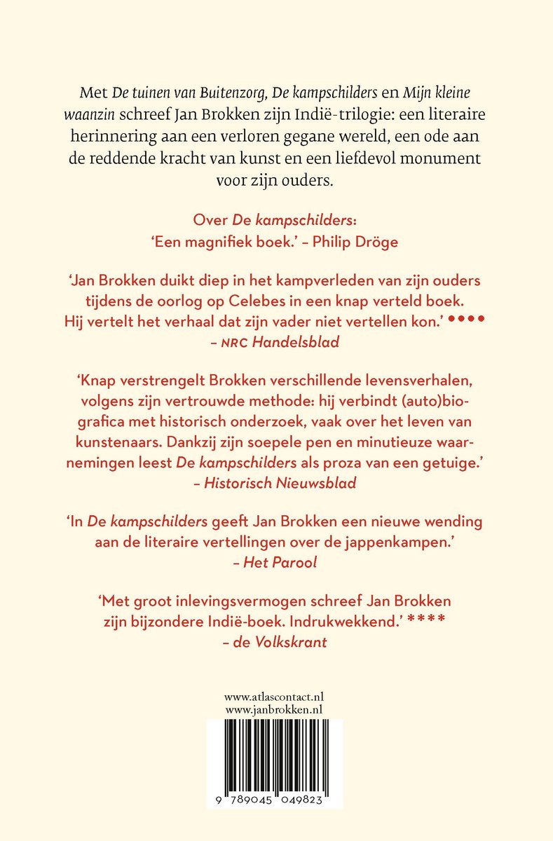Achterkant van het boek 'De kampschilders' met recensies en informatie over de auteur en de 'Indië-trilogie'.