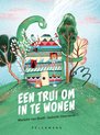 Een jongen op een huisje van een trui, een groene dinosaurus en bomen op een heuvel.