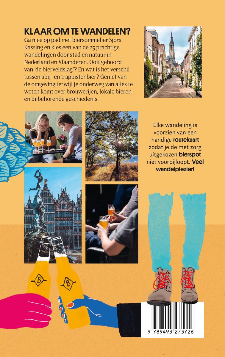 Collage van bierwandelingen. Verschillende scènes: stadswandeling, mensen die bier drinken, bierglazen en de achterkant van een broek met een bierkaart.