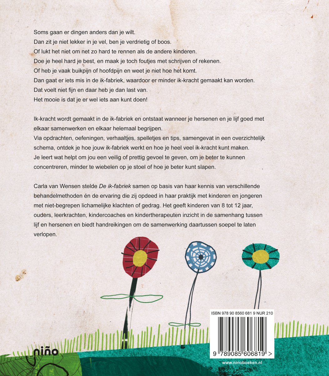 Boekrug met kinderillustraties van drie bloemen.