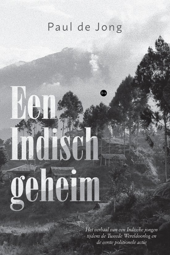 Boekomslag 'Een Indisch geheim' met een zwart-wit landschap van bergen, bomen en huizen.