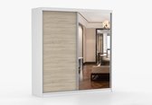 Armoire Posa 42 - Armoire 2 portes coulissantes avec miroir, 3 tiroirs et tringle à vêtements - Armoire pour chambre, hall et salon - Armoire moderne avec grand espace de rangement (Wit + Sonoma)