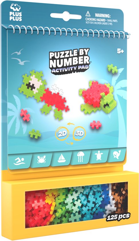 Plus-Plus Activity Pad: Oceaan designs met groene en rode schildpad. Onderin een gele kist met 125 gekleurde bouwblokjes.