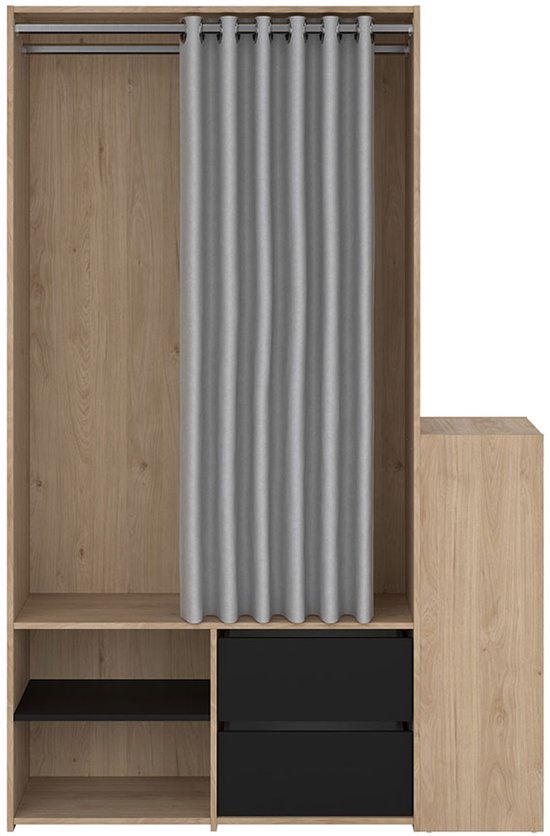 Armoire ouverte avec décor en bois, deux tiroirs noirs et un rideau gris clair.