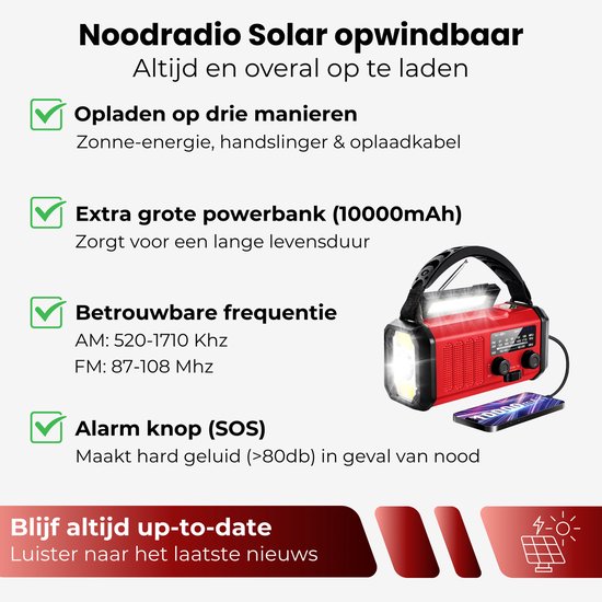 Rode noodradio met zaklamp, zonnepaneel en een mobiele telefoon.