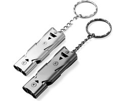 2-Pack Signaalfluit - Hoog decibel - Metalen fluit - Roestvrij staal Outdoor Survival Noodfluit - Outdoor fluit met sleutelhanger - Geschikt voor kamperen, wandelen, scheidsrechteren