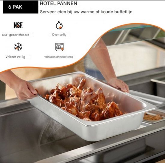 Warmhoudbakken 6 stuks - 13L - Voedselverwarmer - Luxe Stoomtafelpan - Roestvrij Staal - Chafing dish - voor Buffetwarmer - Warmhoudschalen — afbeelding 4