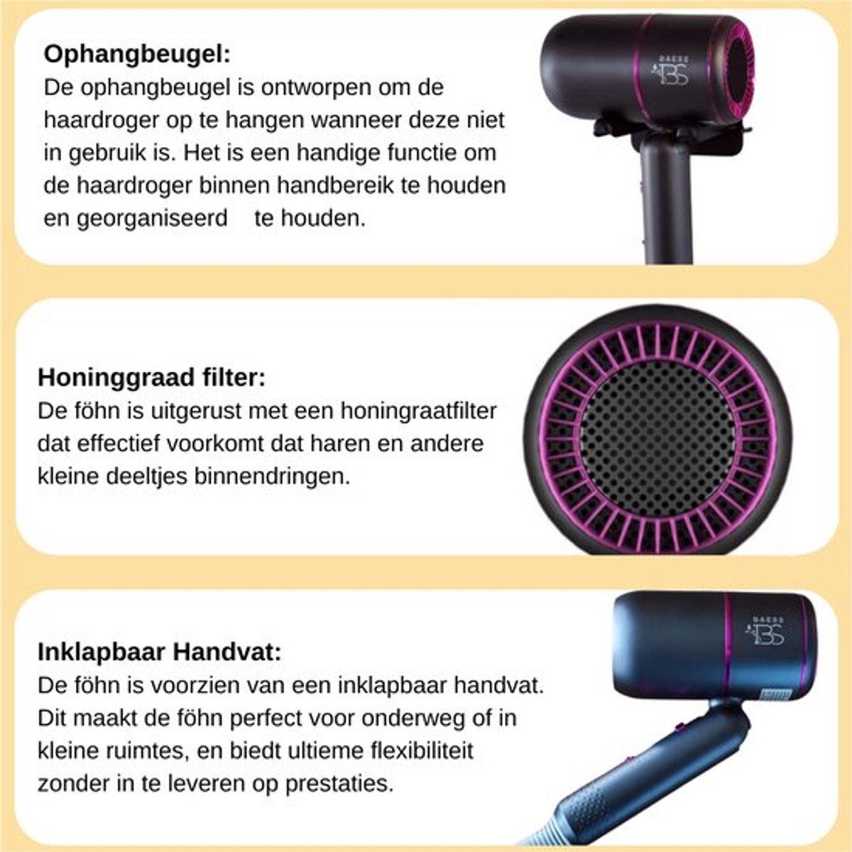 BAESS Föhn met diffuser - Reisföhn Inklapbaar - Ionische Haardroger - 2000W - Coolshot - Krullen - Haarföhn - Hair Dryer - Grijs thumbnail 8