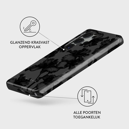 Zwarte telefoonhoes met bloemenprint, glanzend en krasvast oppervlak.