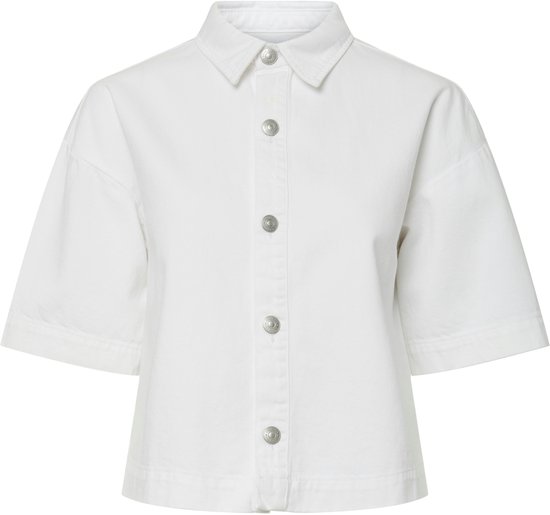 Witte denim blouse met korte mouwen, kraag en knopen.