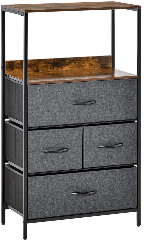 Donkergrijs dressoir met houten bovenblad, open vak en vier lades. Metalen frame.