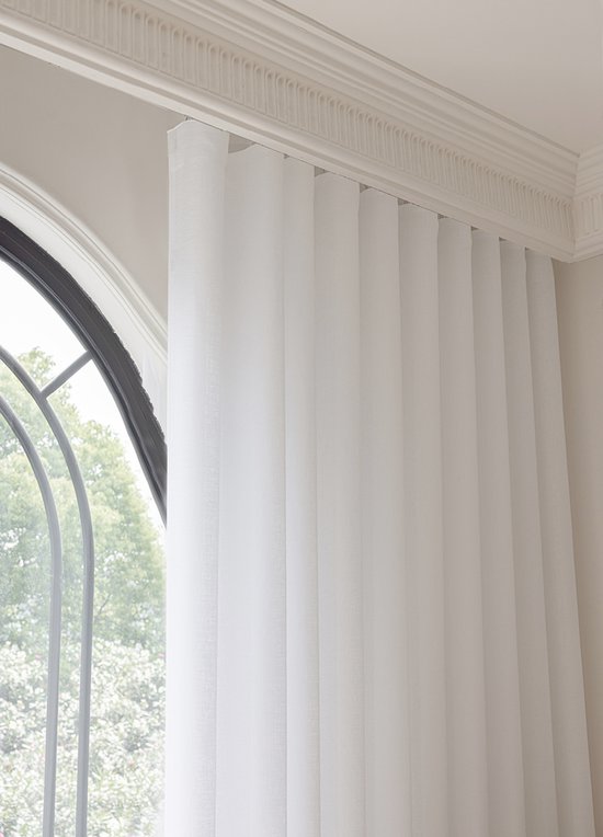 Maroyathome - OLIVIA - Rideau voilage avec ruban plissé - prêt à poser avec crochets - Wit brillant - Aspect lin - 300 x 260 cm - 300 cm de large et 260 cm de haut/long - avec câble de suspension