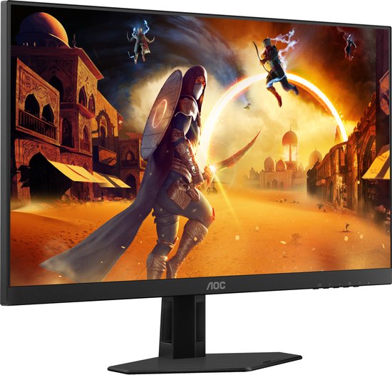 Linker zijaanzicht van een 24-inch AOC Gaming monitor met een levendige spelafbeelding.