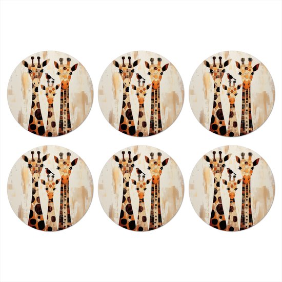 Dessous-de-verre pour verres - Rond - Giraffes - Cartoon - Crème - 10x10 cm - Dessous-de-verre - 6 pièces