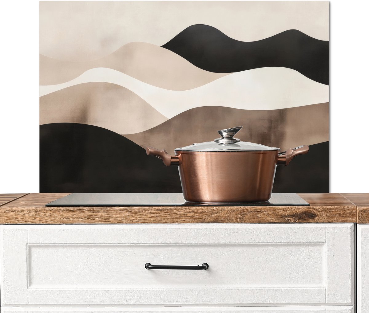 Spatscherm keuken 80x55 cm - Kookplaat achterwand Abstract - Landschap - Golven - Crèmekleur - Muurbeschermer - Spatwand fornuis - Hoogwaardig aluminium