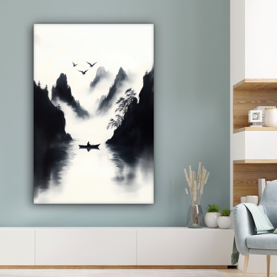 Tableau sur toile 80x120 cm - Décoration murale exclusive Bateau à rames - Brumeux - Montagnes - Vogels - Décoration murale murale salon - Décoration chambre - Accessoires chambre - Peintures sur toile